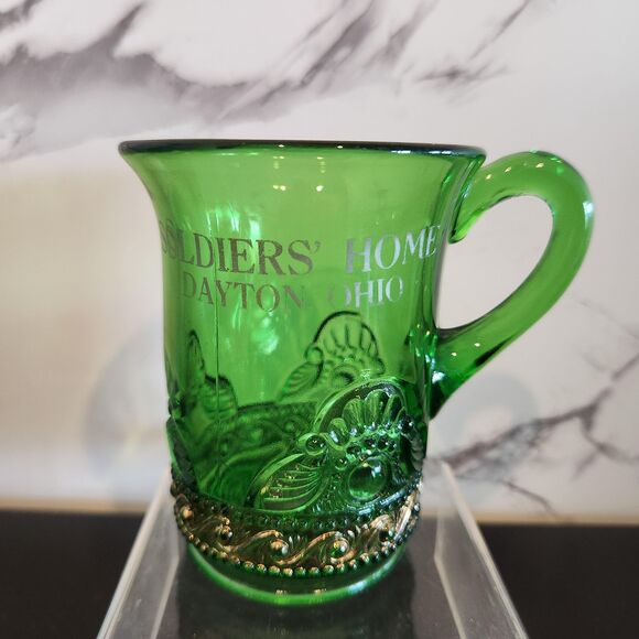 EAPG Antique Green Glass Mugs Colorado Lacy Medallion Gold Set 2 Souvenir MI OH - Picture 5 of 10